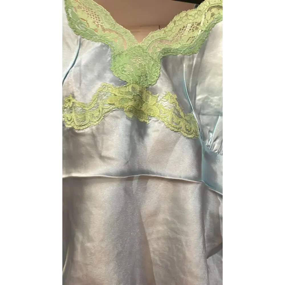 $180 Gold Hawk Blue 100% Silk Cami Green Lace Tank M - Picture 3 of 4